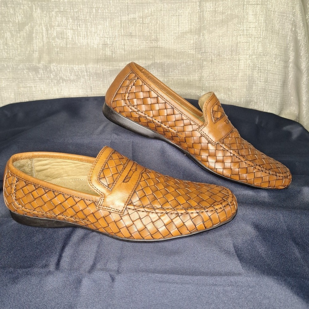 Zelli Gentleman's 8 M Driving Loafers Brown Woven Italian Leather Moccasin Penny